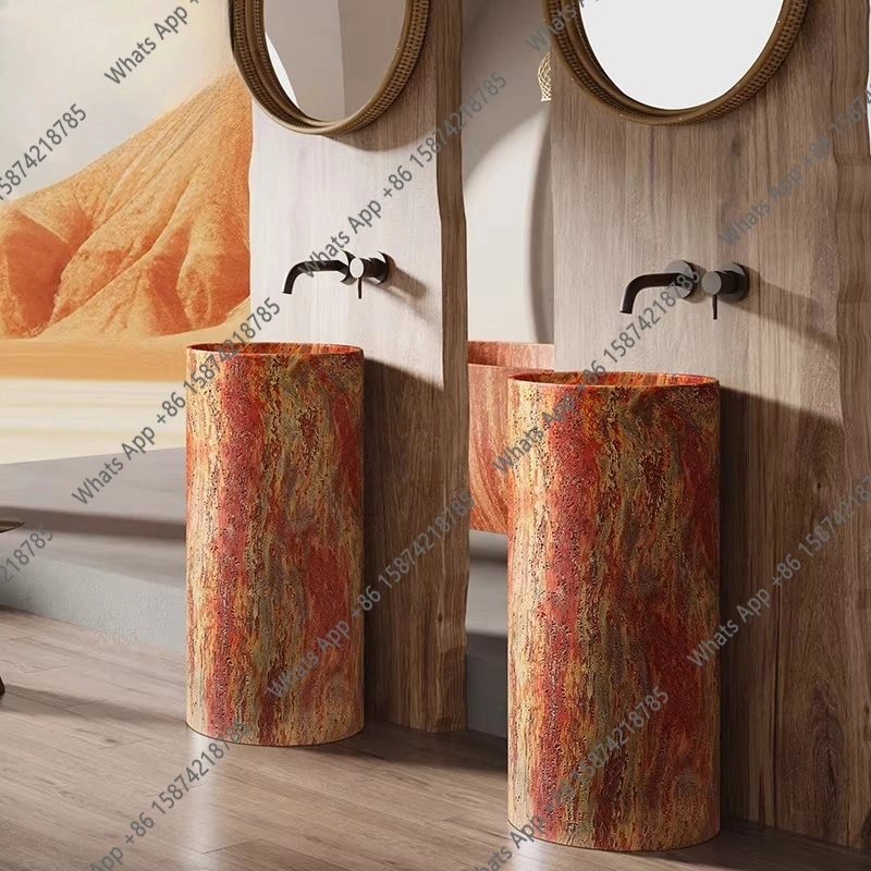 

Minimalist luxury stone wind column basin integrated floor-to-ceiling designer red art travertine sink club sink