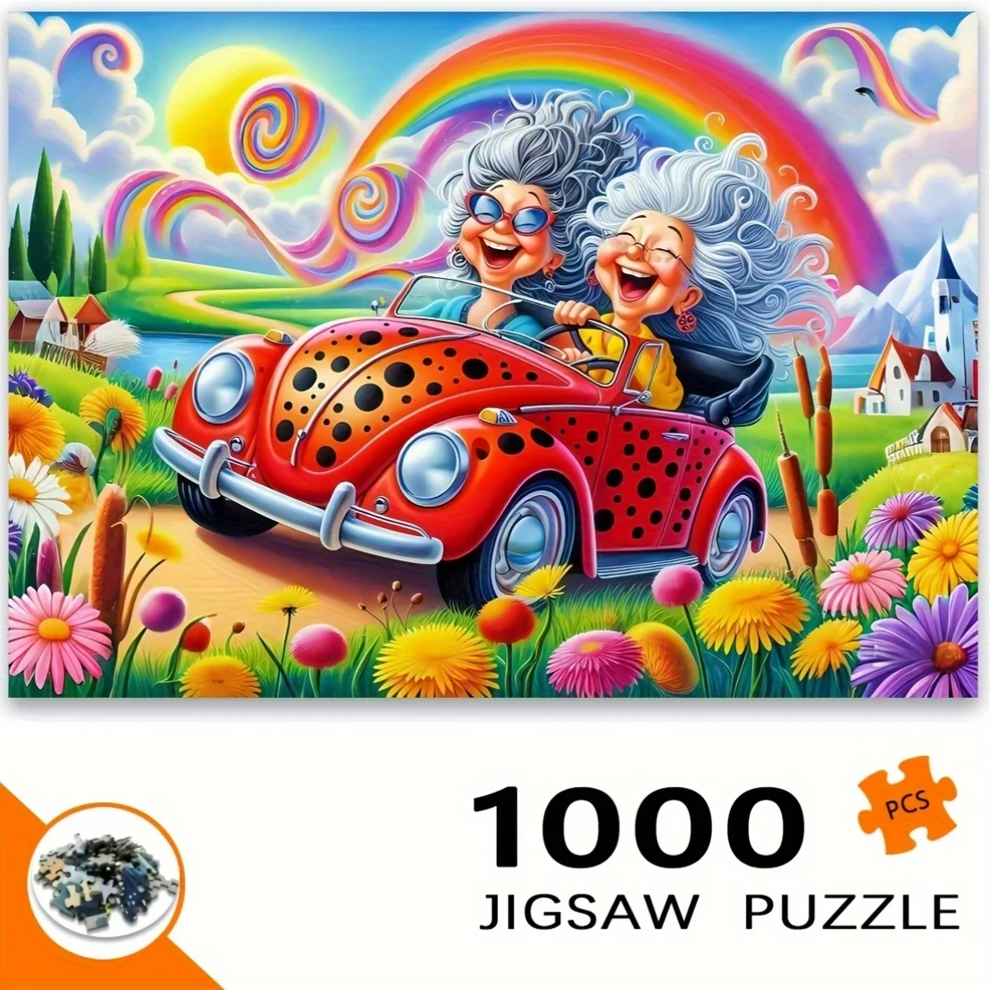 จิ๊กซอว์ 1000 ชิ้น ฉากพี่น้องน้องสาวขับรถ - รถสีแดงสดใสพร้อมผู้สูงอายุและดอกไม้หลากสีสัน แบบไม่มีกรอบ สำหรับคนรักงาน DIY