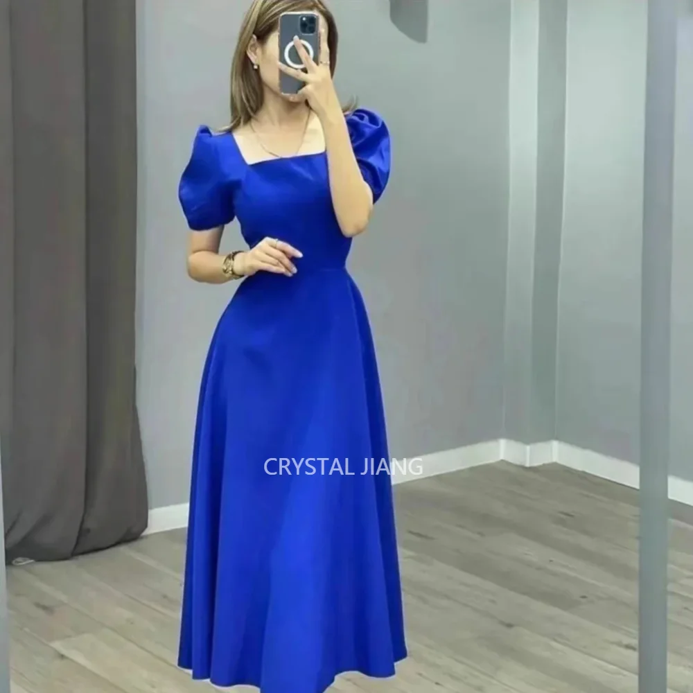 

Classic Long Square Collar Satin Evening Dresses Short Sleeves A Line Tea Length فساتين سهره سعوديه for Women