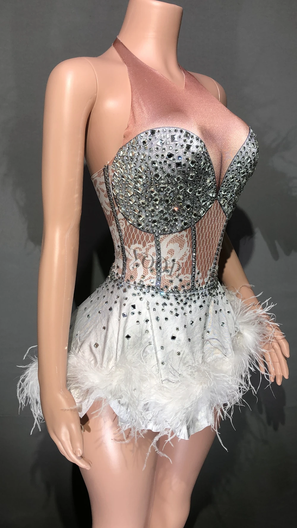 Sparkly Rhinestones White Ostrich Feathers Dress for Women Sexy Singer Dancer Stage Wear Performance Dance Costume Club Outfit