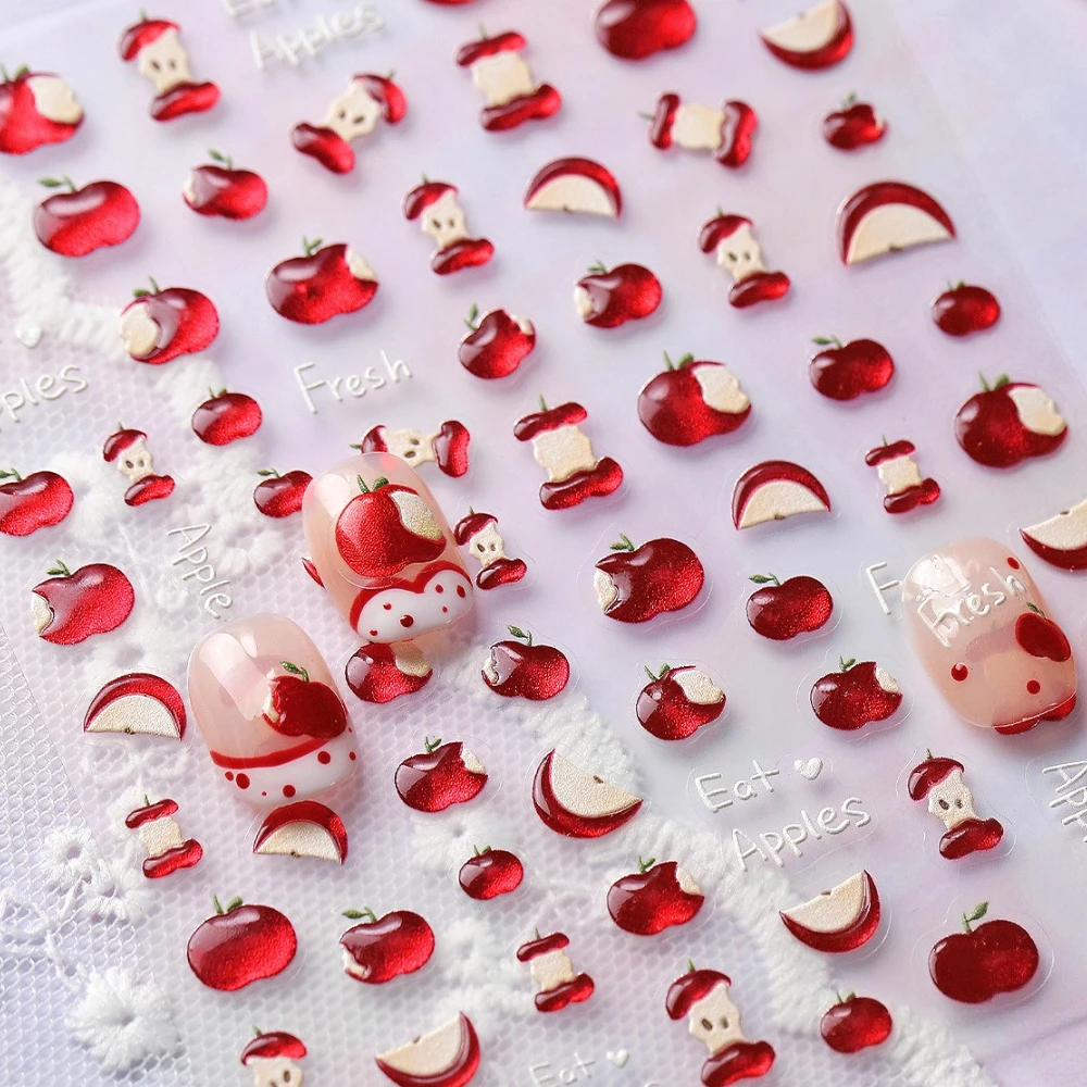 

Lovely Shiny Red Apple 3D Jelly Self Adhesive Nail Art Stickers Lychee Grape Cherry Peach Strawberry Cute Fruits Manicure Decals