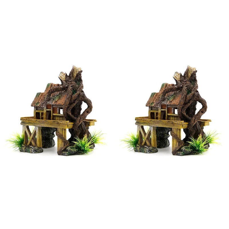 

2X Aquarium Decoration Artificial Fish Reptile House Shelter Fish Tank Landscaping Resin Building Ornaments Decor