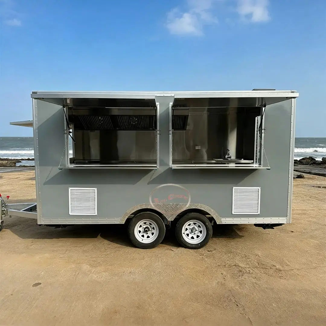 

Мобильный прицеп для еды из нержавеющей стали, тележка для общественного питания с двойным окном для барбекю, торговые хот-доги