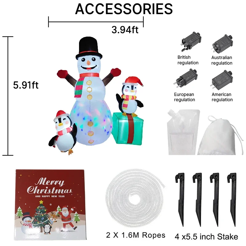 6FT زينة عيد الميلاد نفخ ثلج البطريق هدية صندوق اللعب ساحة المنزل الحلي مع LED ديكور لعبة زينة عيد الميلاد