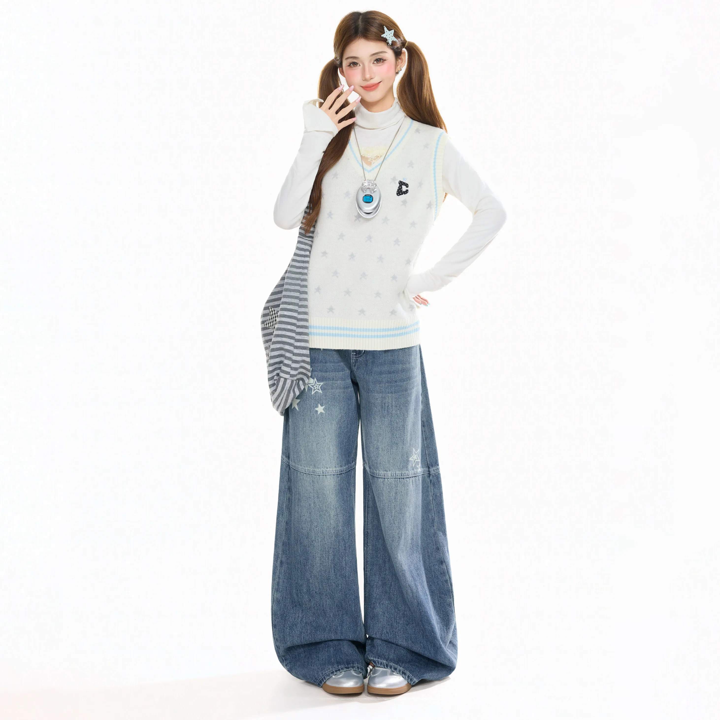 Women's Blue Casual Denim Jeans Baggy Y2K Harajuku High Street Fashion 2000S Style Cute Retro Wide Leg Jeans Long Pants Clothing