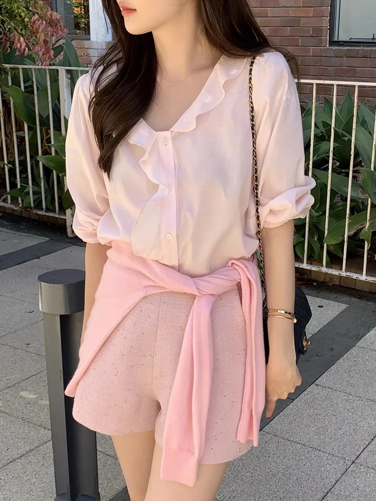 Chique lente zomer lang Sve V-Ne enkele knop casual losse veelzijdige kanten rand irt top anti-aging faion dames clo...