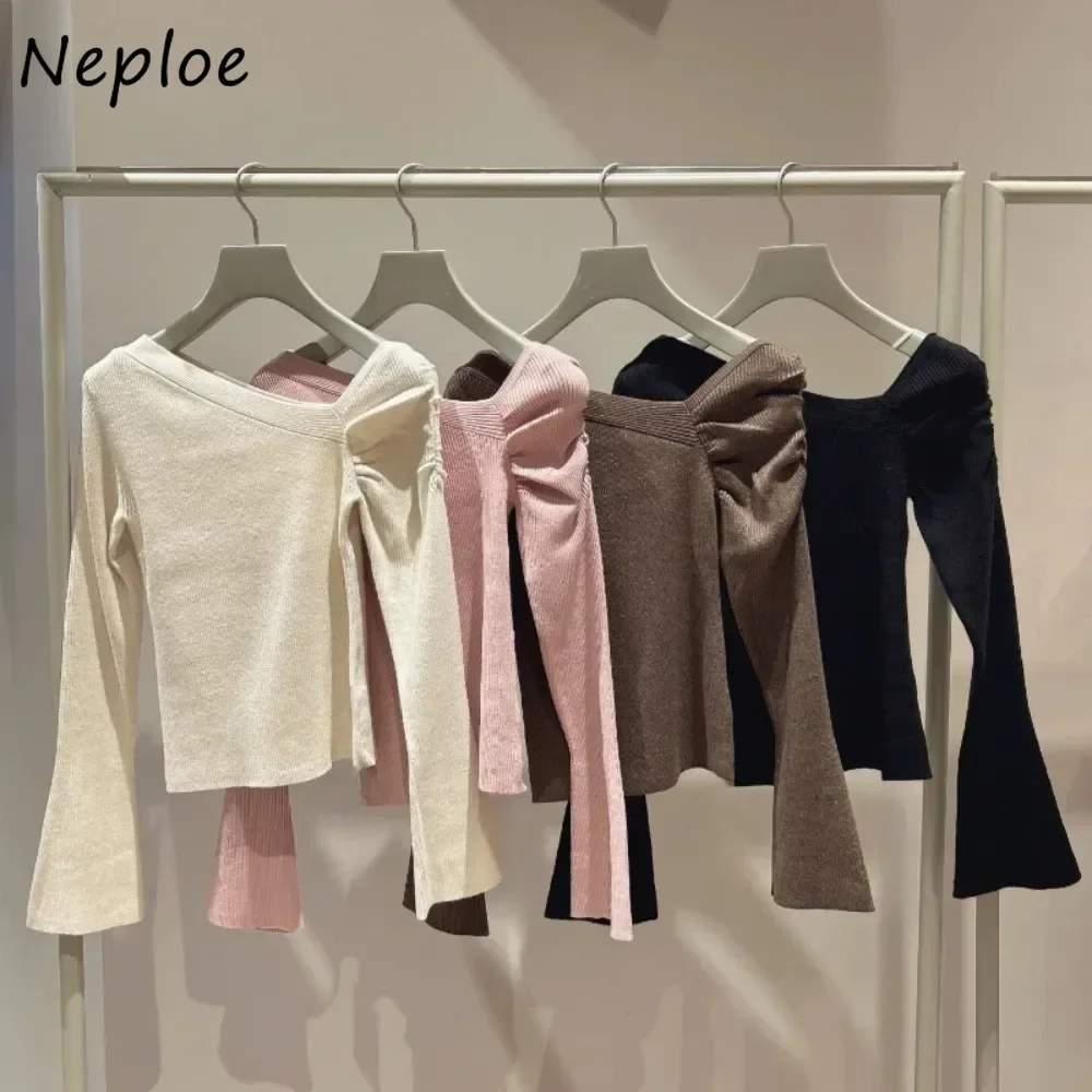 Neploe Casual Skew Collar Puff Sleeve Slim Crop Top Knit Sweet All-match Ruched Undershirt Japan New Moda Literary Pullovers