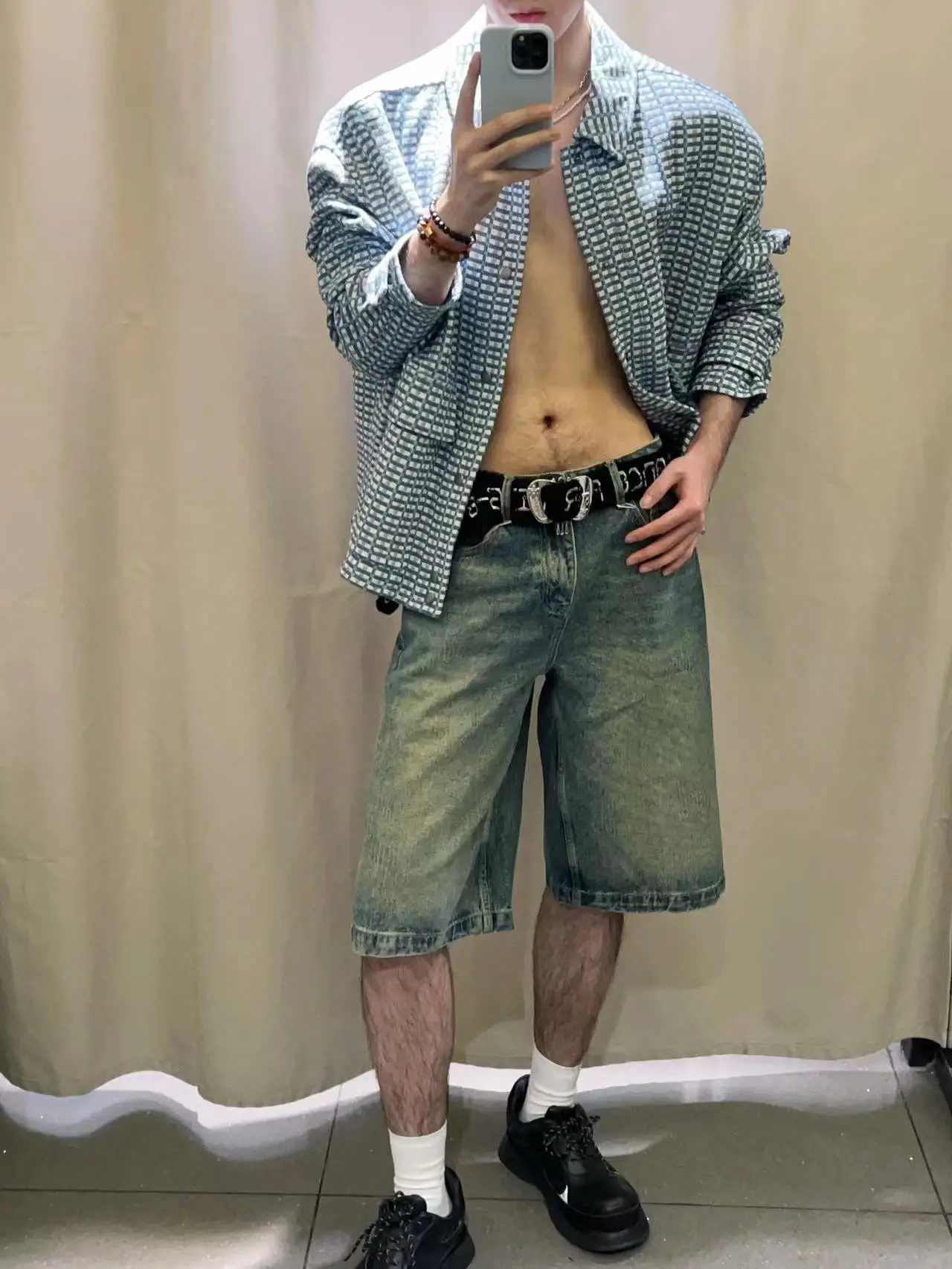 Retro Blue Denim Short Pants Men Summer Washed Straight Five-Point American High Street Vibe Trendy Shorts Youth Fashion