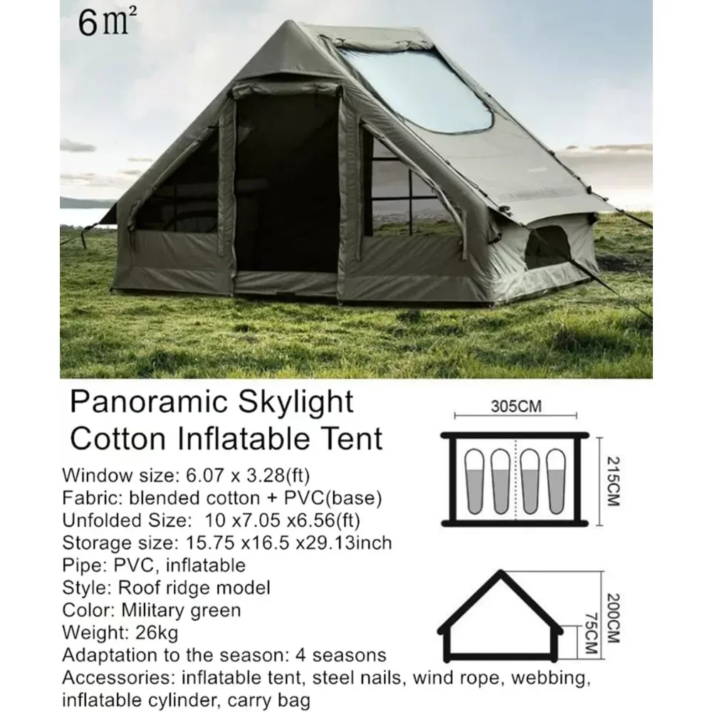 Waterproof Inflatable Cotton Camping Tent, with Hand Pump Pop Up Outdoor 5-8 Person Glamping Tent  ,Large Luxury Tent