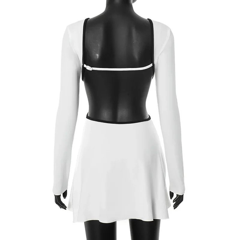 Autumn Winter Cut Out Backless Mini A Line Dress Women Sexy Party Club Outfits Patchwork Long Sleeve Dresses Vestido Streetwear