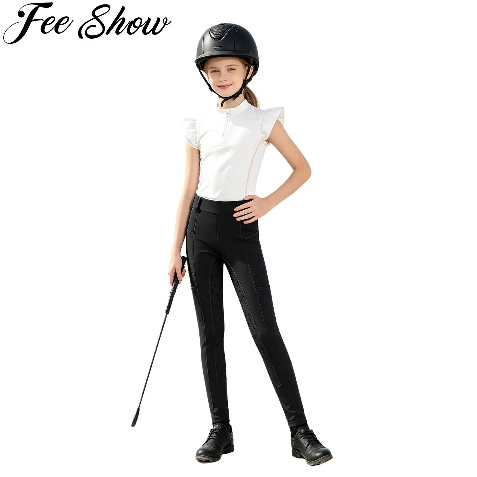 Kids Girls Horse Riding Sports Outfits Equestrian Clothing Ruffled Sleeves Shirt Top with Anti-slip Full Seat Breeches Pants