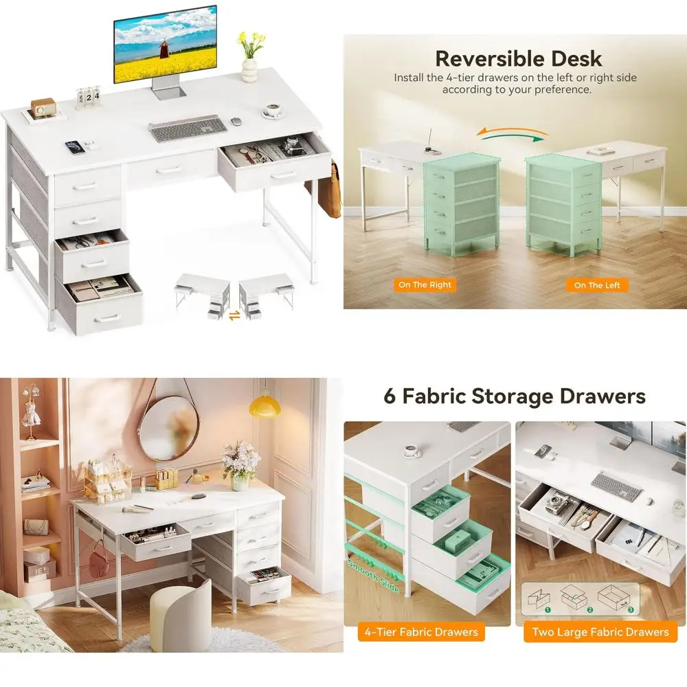 

40-Inch 6-Drawer White Desk with Storage for Home Office or Bedroom