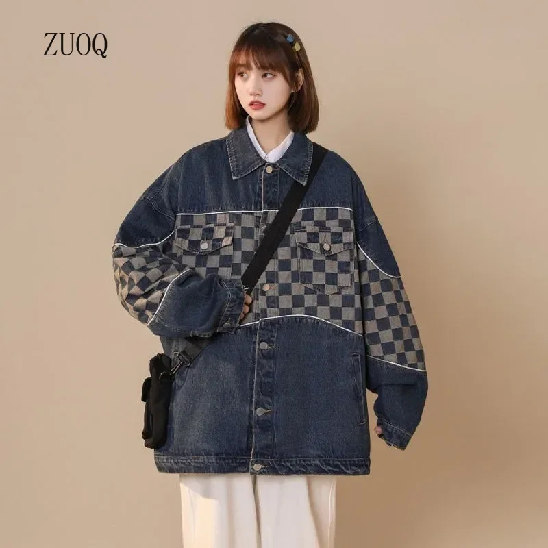 

Checkerboard Patchwork Denim Coat Women New Design Korean Loose Jacket Female Spring and Autumn Casual Coat Woman