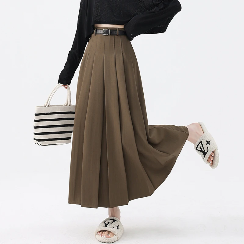Preppy Style Gray High Waist Suit Skirt Women Korean Fashion A Line Pleated Skirts Woman Autumn Winter Long Skirt with Belt