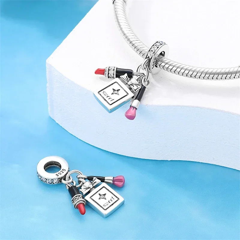 1-حبات فضة إسترليني جذابة ، كعب عالي ، أحمر شفاه ، فستان ، زجاجة عطر ، سلسلة حياة ، تناسب أساور الباندورا الأصلية ، تصنعها بنفسك ، الموضة