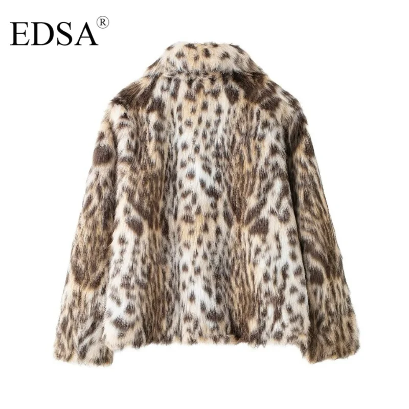 EDSA Women Leopard Faux Fur Jacket Female Winter Long Sleeves Front Pockets Artificial Fur Effect Long Sleeve Coat Outerweaar