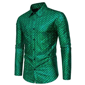 2024 New Glossy Fish Scales Green Mens Sequin Shirt Gold Bronzing Steampunk Nightclub Stage Party Dress Long Sleeve Top Men