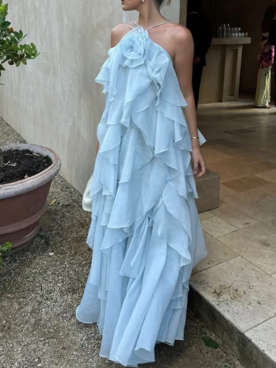 TWOTWINSTYLE – robe élégante à volants épissés pour femmes, col licou, sans manches, taille haute, dos nu, ample, mode féminine