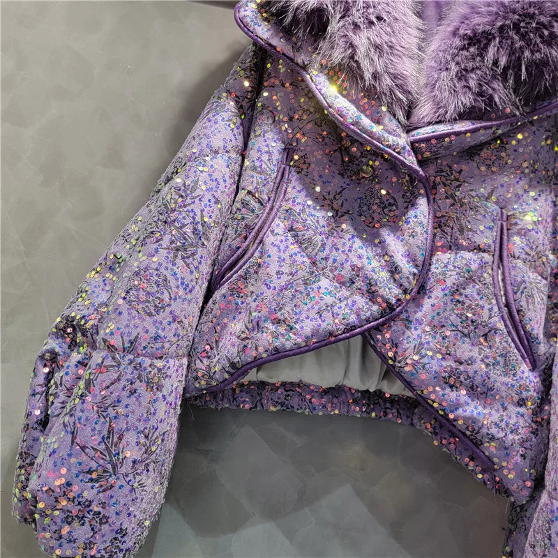 Heavy Industry Fashion Sequins Thicken Warm Padded Jacket Loose Bat Sleeves Fur Collar Cotton Coat Winter Women Clothes Casacos