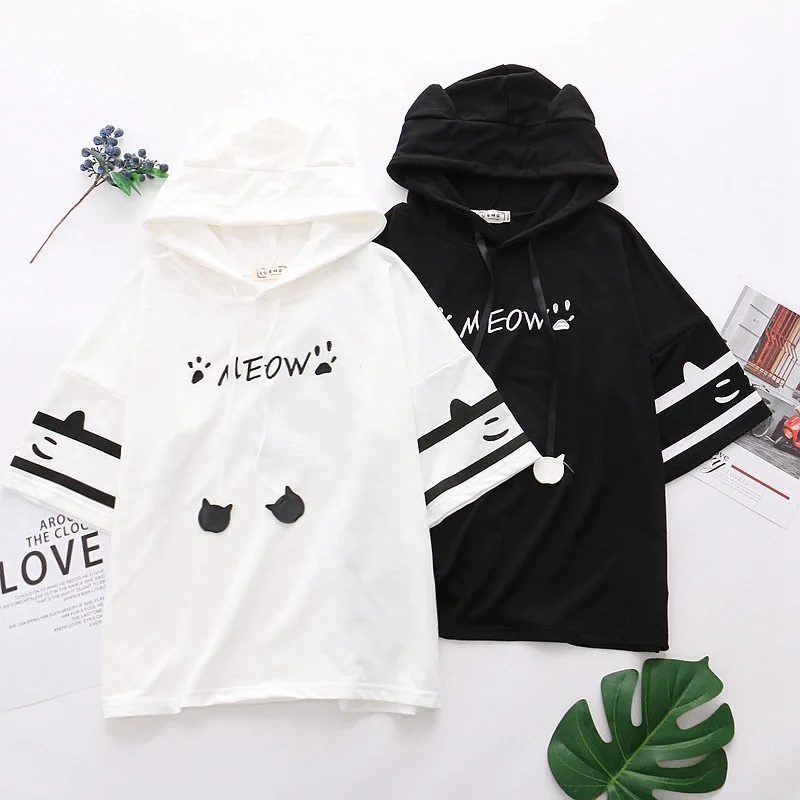 Summer Women Cartoon Animal Paw Embroidery Tee Shirt Cat Ears Hooded Kawaii Tshirt School Young Girls Cute Daily Clothes Tops