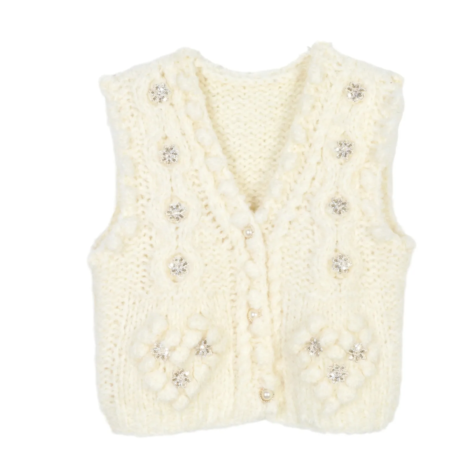 

Бежевый вязаный жилет с v-образным вырезом и жемчужными пуговицами, вязаный кардиган ручной вязки с 3D цветами, свободный повседневный свитер без рукавов в стиле ретро, топы