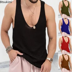 2026 Men's Summer Tank Top Loose Knit Sports Vest Solid Knit Sleeveless Men T-shirt Breathable Mesh Sports Top Gym Shirt Male