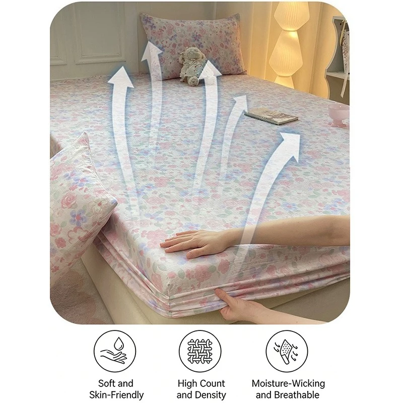 Soft Floral Fitted Bed Sheet Double-layer Yarn Technique Elastic Edges Deep Pocket Sheet Full Coverage for Queen King Size Bed 3