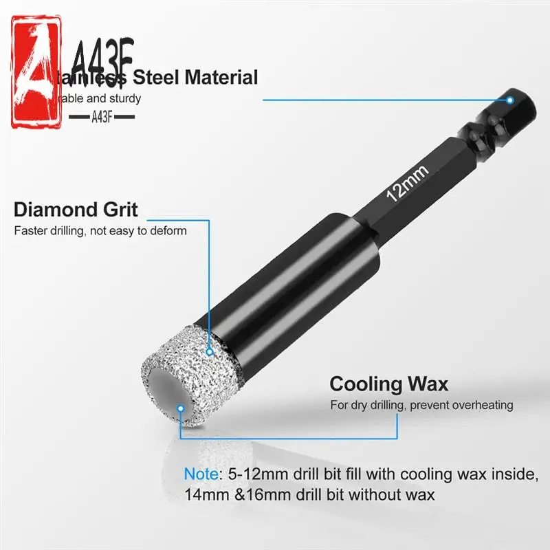 

A43F-Diamond Drill Bits Set, 12Pcs Dry Diamond Hole Saw With Quick Change Drill Bit Holder,For Porcelain Tile Glass