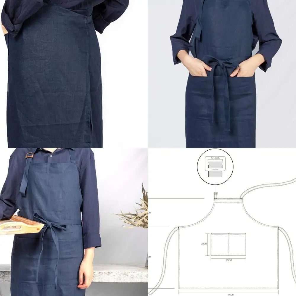 

Регулируемый полуфартук из 100% льна с карманами и пуговицами для стиля бистро