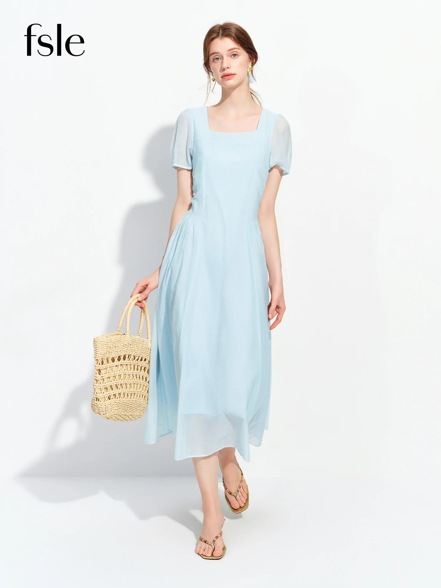 

FSLE 2026 Summer French-Inspired Square Neck Dress with Mini Puff Sleeve & Waist-Defining Fit - Romantic Style for Daily Wear