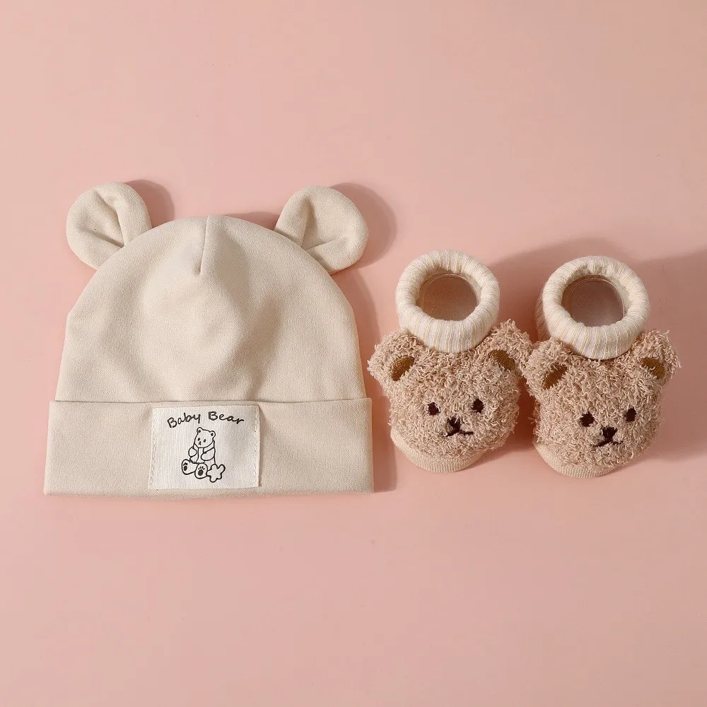 2Pcs/Set Cute Cotton Baby Hat Socks Set Soft Warm Bear Ear Beanie Breathable Cartoon Infant Cap Socks for Newborn view 2