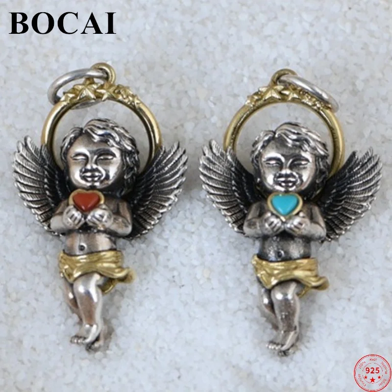 BOCAI S925 Sterling Silver Pendants for Men Women New Fashion Rutile Agate Peach Heart Angel