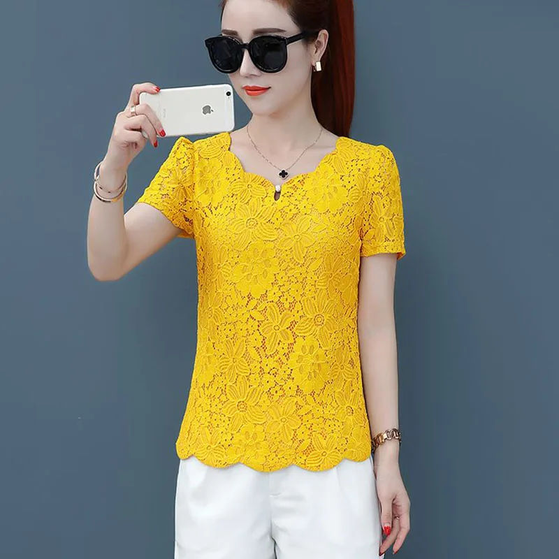 

Elegant V-Neck Spliced Hollow Out Lace Blouses Women Clothing 2025 Summer New Loose Short Sleeve Chic Tops Office Lady Shirts