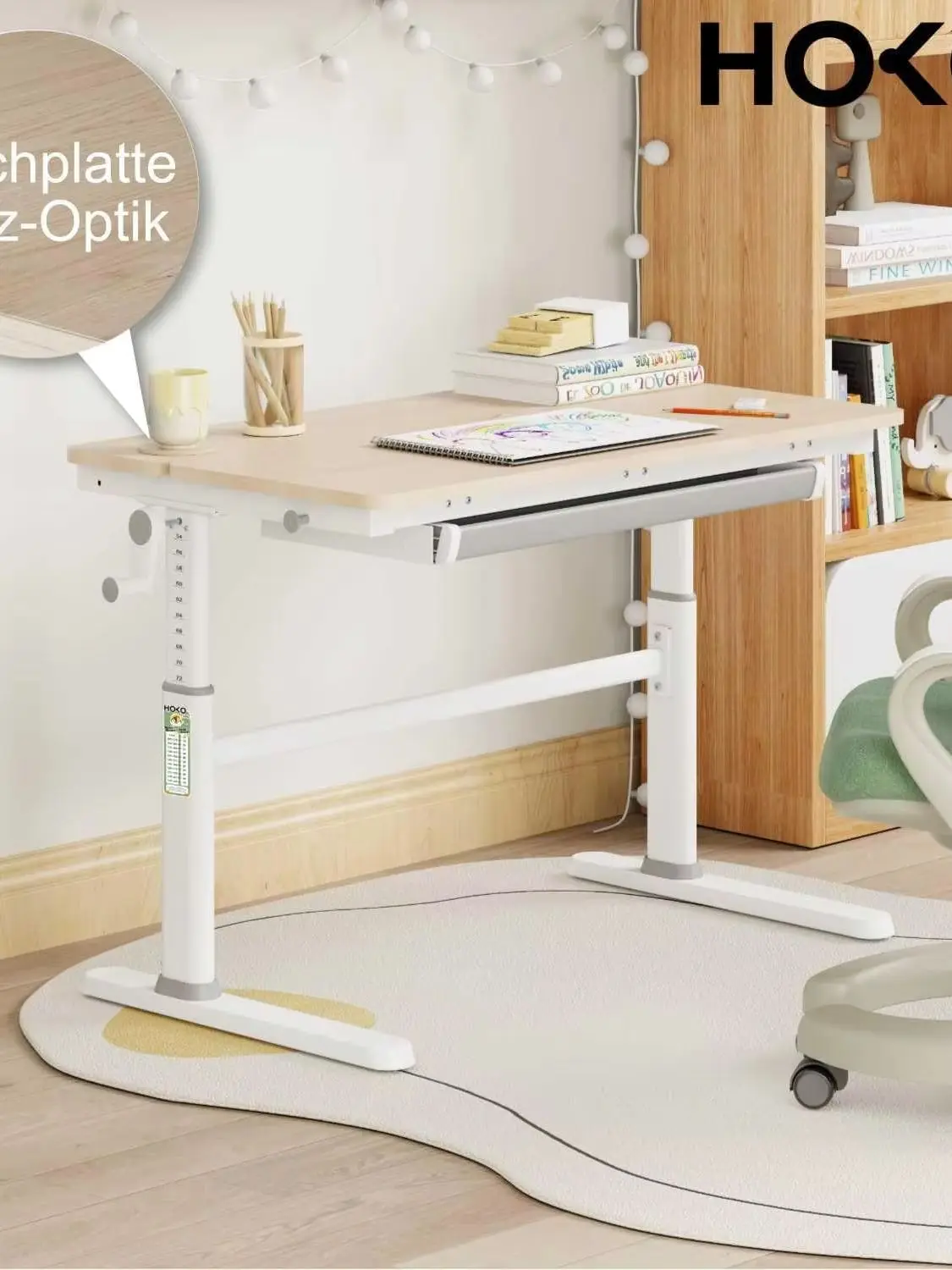 HOKO Kinderschreibtisch Höhenverstellbar mit Neigbarer Tischplatte 100x60cm, Schreibtisch für Kinder ab 6 Jahren mit Schubladen, Höhe Verstellbar 54-76cm