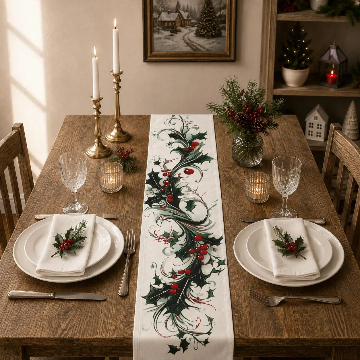 Calligraphy Christmas Table Runner, Baskerville Inspired Holly Decor Tablecloth for Dining Table Party, Xmas Home Decoration