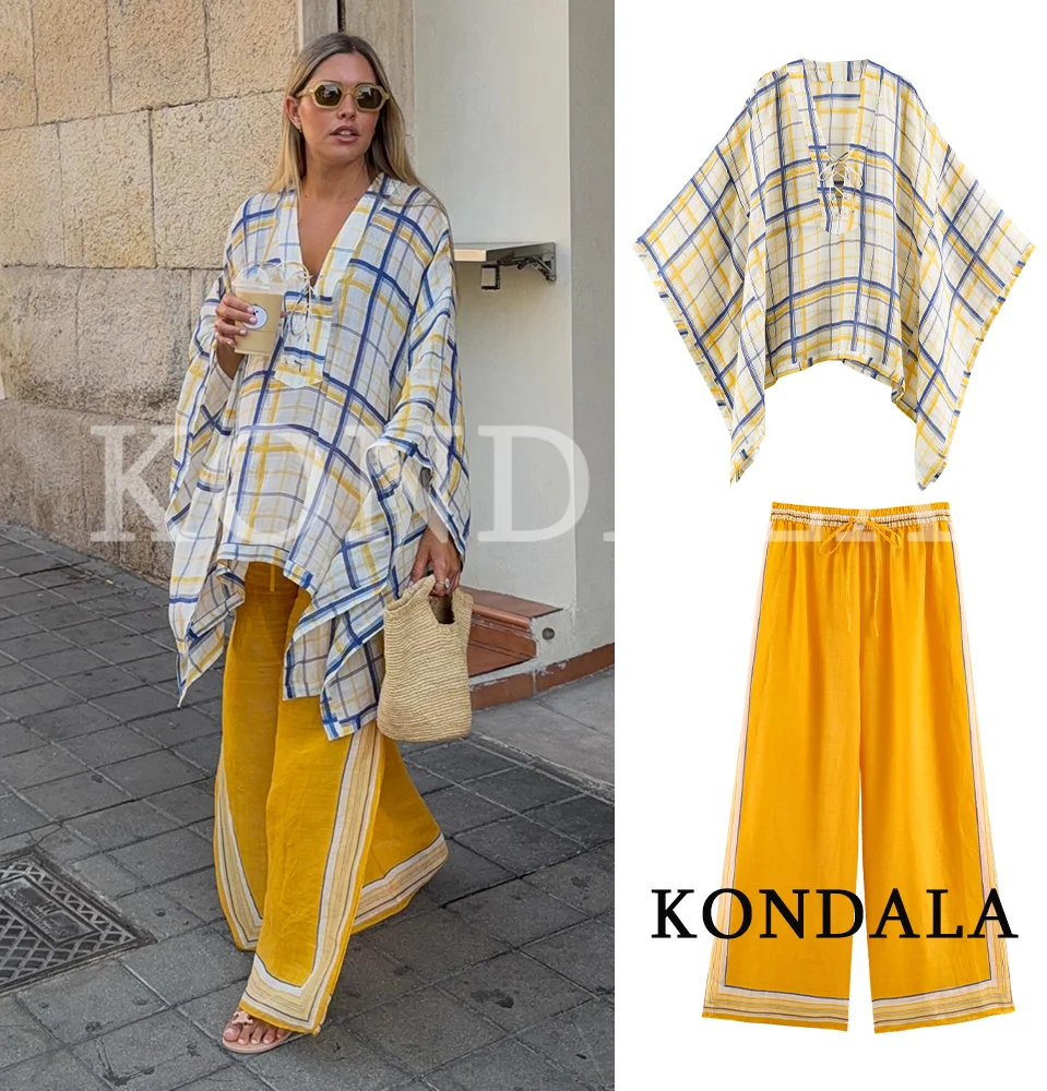 KONDALA Freizeit-Hosenanzug für Damen, locker sitzende karierte Cape-Hemden, Hosen mit Kordelzug, Neu 2026 Sommer Trendiges High-Street-Set