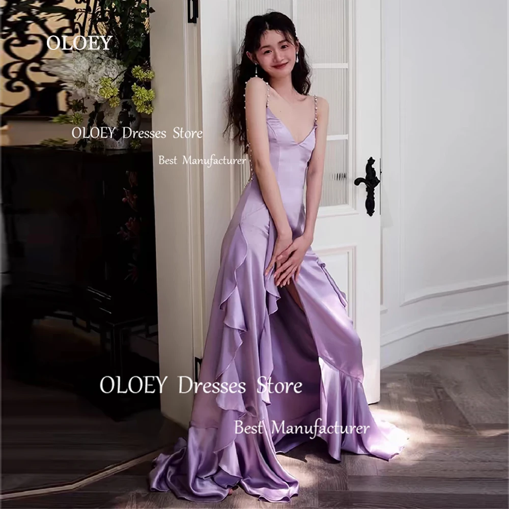 OLOEY Sexy Backless Purple Party Dresses Ruffles Satin Floor Length High Slit Prom Evening Gowns Deading Spaghetti Straps Custom