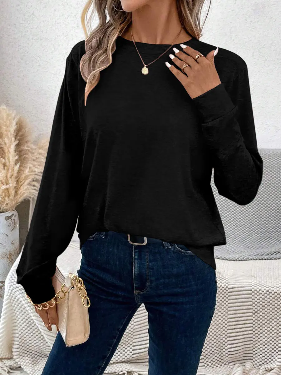 Autumn new women's long sleeve solid color T-shirt with round neck loose shirt casual pullover