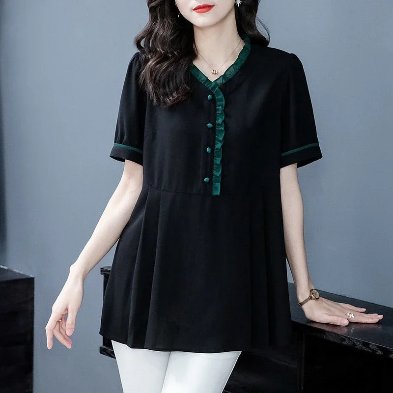 Summer New Oversized Ruffles Spliced Casual Shirt Lady Short Sleeve V-neck Loose All-match Pullover Tops Women's Elegant Blouse