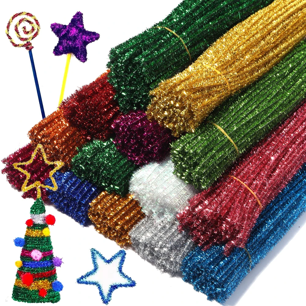 100pcs/lot 30cm Glitter Tinsel Pipe Cleaners Colorful Thick Chenille Stems For DIY Christmas Crafts Handmade Decoration
