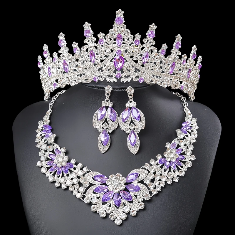 Kristallen Strass Bruids Tiara 'S Kroon Vrouwen Koningin Prinses Paars Roze Rood Blauw Groen Ketting Sets Mode Sieraden Set Diademen