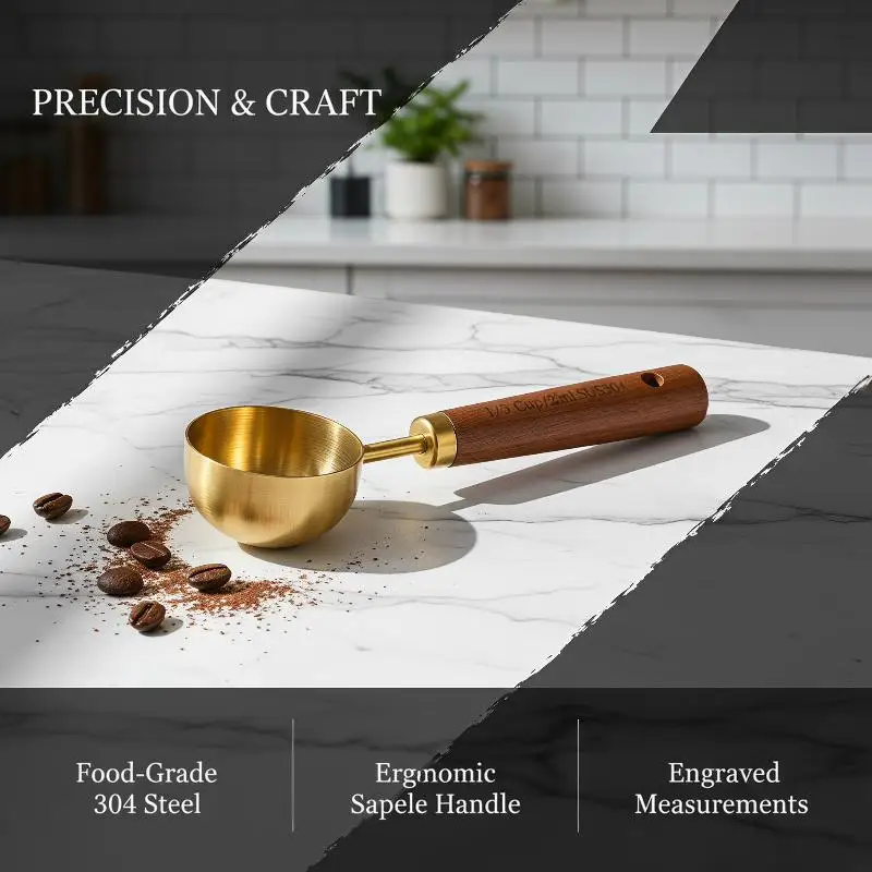 Heavy Duty Coffee Measuring Spoons 304 Stainless Steel with Smooth Wood Handle for Home Kitchen Brewing Baking Prep