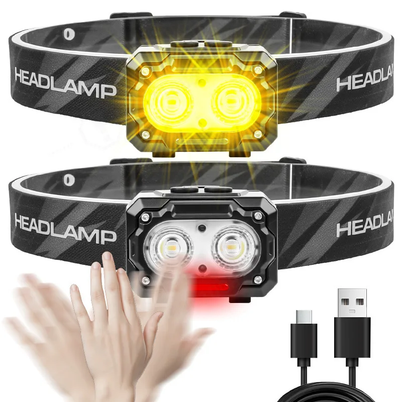 LED Induction Headlight Mini Head Lamp, 3AAA Battery Type‑C Rechargeable Strong Bright Yellow Light Outdoor Portable Headlamp