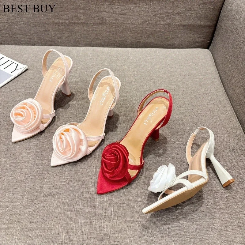 2024 Summer Fashion Silk Rose Flowers Pointed Open Toe Back Strap Sandals Women Red High Heels Wedding Prom Shoes Zapatos Mujer