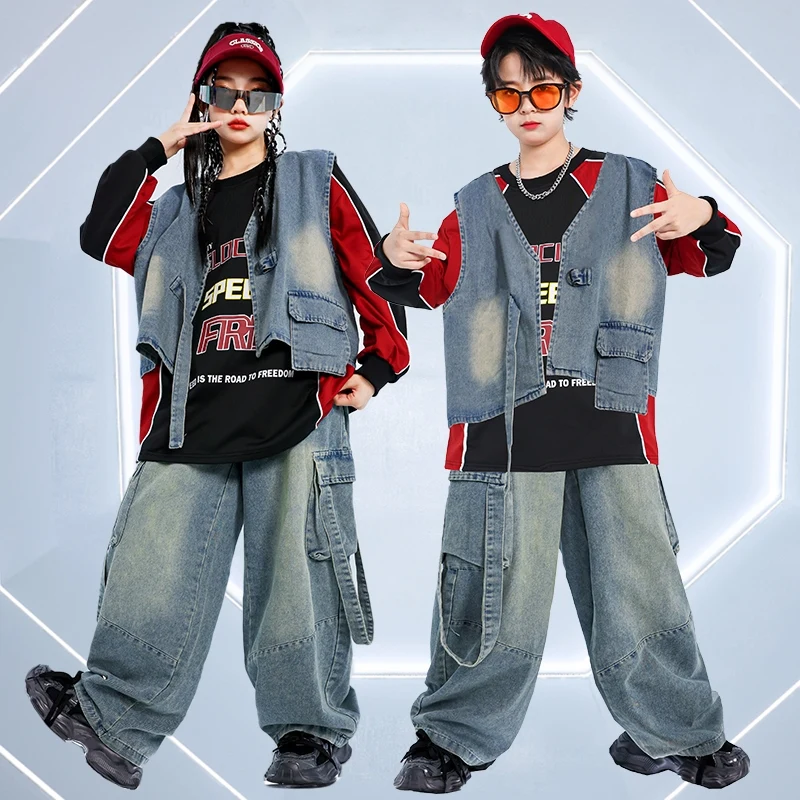 

Children Street Dance Costume Black Red Top Denim Pants Girls Jazz Dance Stage Outfit Kids Show Hip Hop Dance Clothes AMY1369