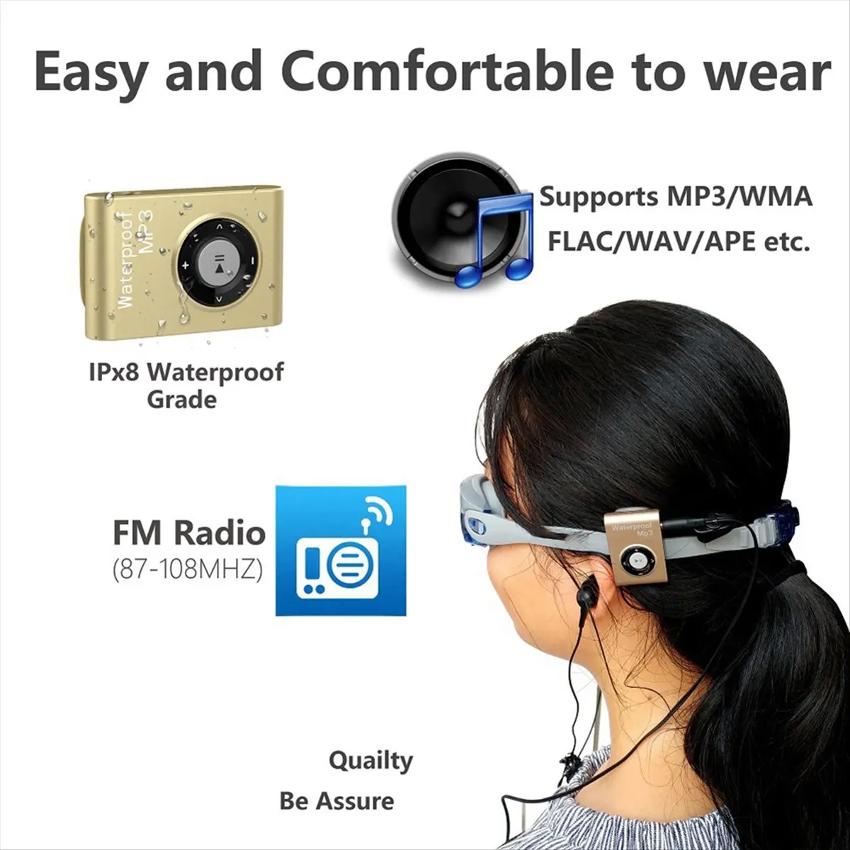 DT81 IPX8 Sports Waterproof MP3 Music Player Diving Surf Swimming MP3 Mini Clip MP3 Player FM Radio Waterproof Headphone A
