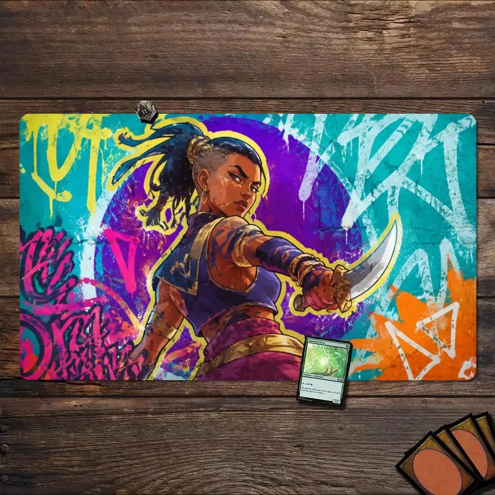 Graffiti Warrior Female Blade Fighter TCG Playmat 35X60CM Magic Card Battle Mat Non-Slip Durable Stitched Edge Tabletop Playmat