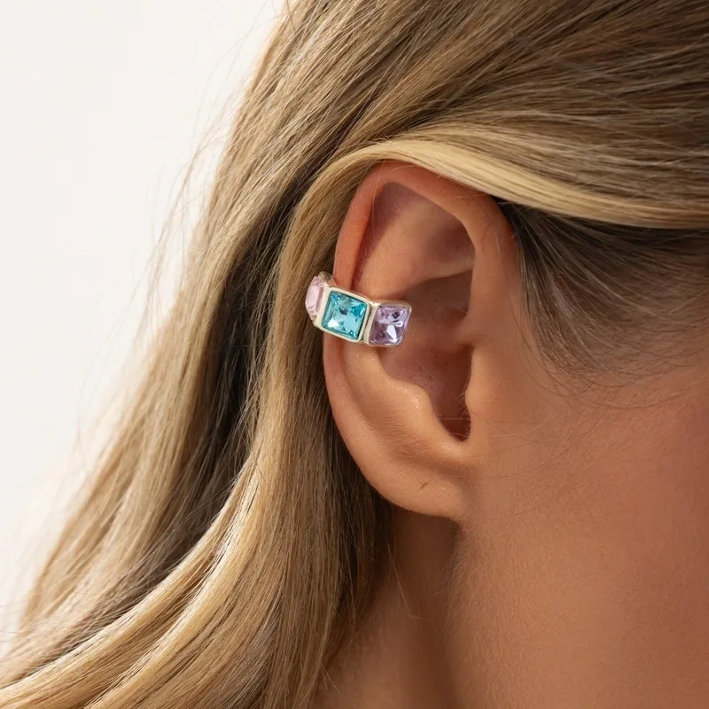 Colorful Rhinestone C Type Clip Earrings Luxury Geometric Square Diamond Splicing No Piercing Ear Cuff for Women Party Jewelry