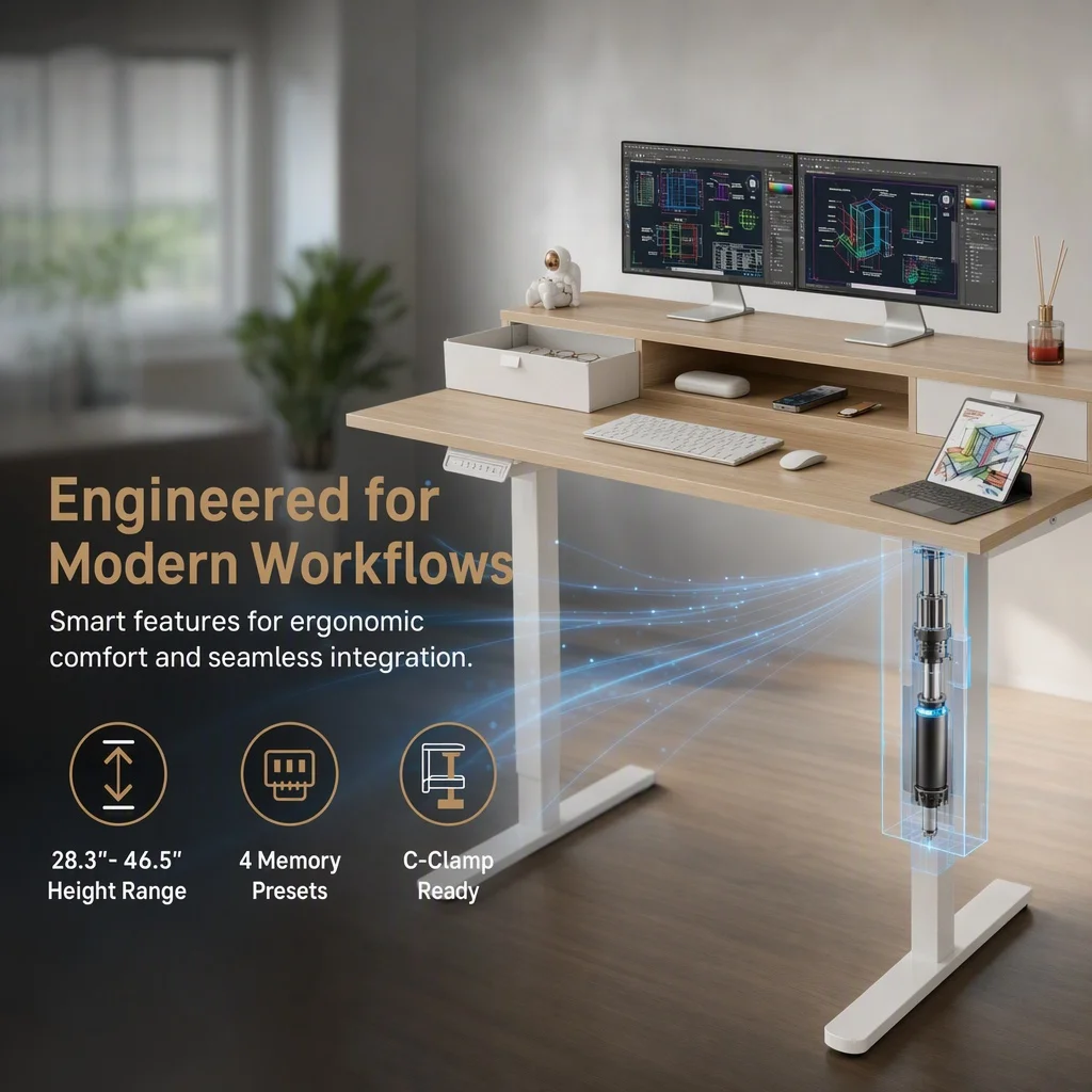 47″ X 24″ Electric Standing Desk with 2 Drawers, C-Clamp Mount Compatible, Height Adjustable Computer Desk, Home Office Stand Up Desk with 4 Preset Heights & 2 Hooks