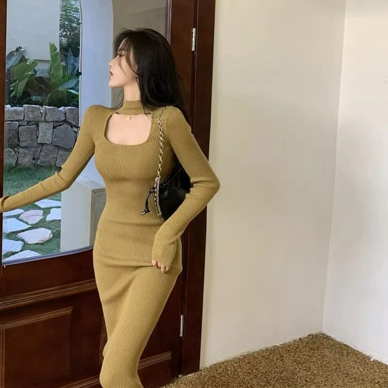 2026 Autunno/inverno New Fashion Ladylike Style Cut-out Scava Fuori Sexy Il Abito a Strato Interno È Abito Lungo Glutei Incollati